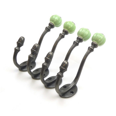 Oakcrafts Ceramic Tipped Shabby Chic Cast Iron Coat Hook 125mm Green Pack of 4 Hooks