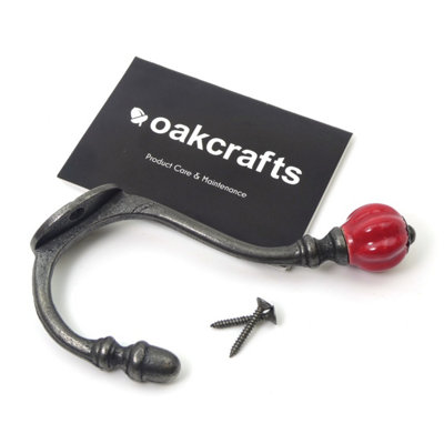 Oakcrafts - Ceramic Tipped Shabby Chic Cast Iron Coat Hook 125mm (Red) - Pack of 4 Hooks - 3
