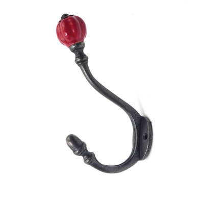 Oakcrafts - Ceramic Tipped Shabby Chic Cast Iron Coat Hook 125mm (Red) - Pack of 4 Hooks - 4