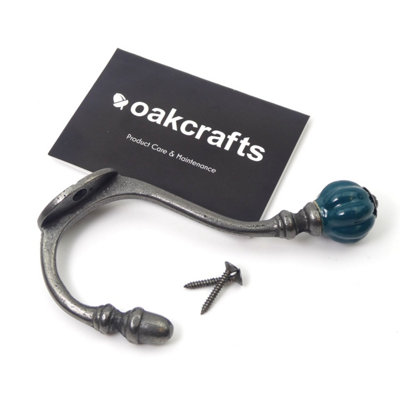Oakcrafts - Ceramic Tipped Shabby Chic Cast Iron Coat Hook 125mm (Teal) - Pack of 4 Hooks - 3