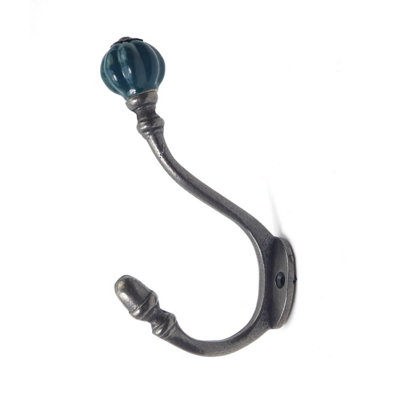 Oakcrafts - Ceramic Tipped Shabby Chic Cast Iron Coat Hook 125mm (Teal) - Pack of 4 Hooks - 4