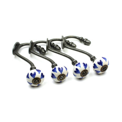 Oakcrafts - Hand Finished Blue Petal Ceramic Coat Hooks - Pack of 4