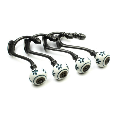 Oakcrafts - Hand Finished Dark Green Flower Ceramic Coat Hooks - Pack of 4