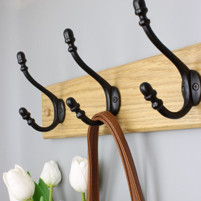 Oakcrafts - Handcrafted Solid Oak Coat Rack with Cast Iron Satin Black Hooks 600mm - 4 Hooks