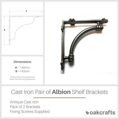Oakcrafts - Pair of ALBION Antique Cast Iron Shelf Brackets - 140mm x 140mm - 5