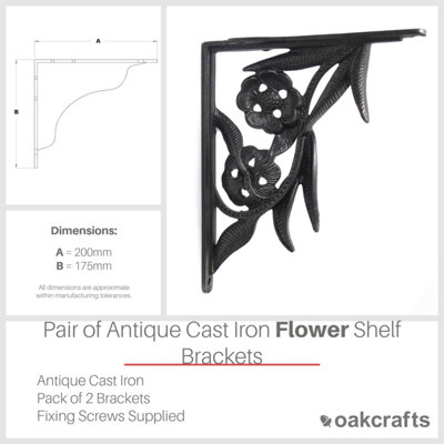 Oakcrafts - Pair of Antique Cast Iron Decorative Flower Shelf Brackets - 200mm x 175mm - 5