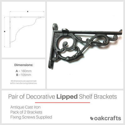 Oakcrafts - Pair of Antique Cast Iron Decorative Lipped Shelf Brackets - 105mm x 160mm - 5