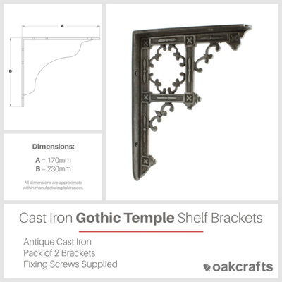 Oakcrafts - Pair of Antique Cast Iron Gothic Temple Shelf Brackets - 230mm x 170mm - 3