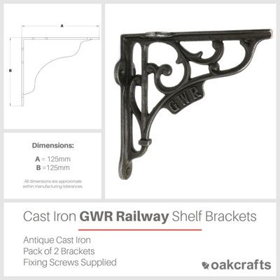 Oakcrafts - Pair of Antique Cast Iron 'GWR' Railway Shelf Brackets - 125mm x 125mm
