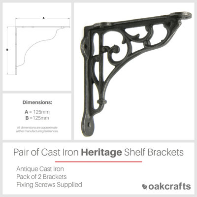 Oakcrafts - Pair of Antique Cast Iron Heritage Shelf Brackets - 125mm x 125mm - 4