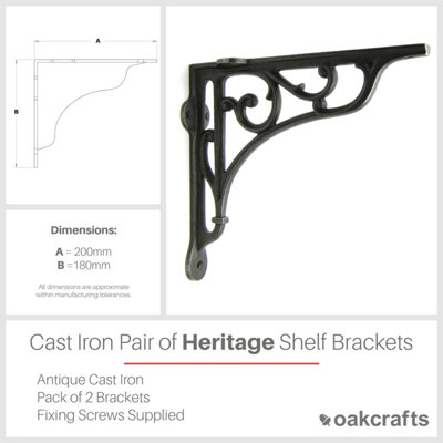 Oakcrafts - Pair of Antique Cast Iron Heritage Shelf Brackets - 180mm x 200mm - 3