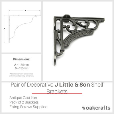 Oakcrafts - Pair of Antique Cast Iron J Little & Son Shelf Brackets - 155mm x 155mm - 4