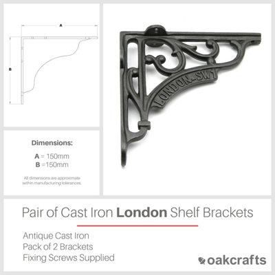 Oakcrafts - Pair of Antique Cast Iron London SW1 Shelf Brackets 150mm x 150mm