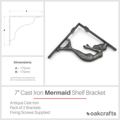 Oakcrafts - Pair of Antique Cast Iron Mermaid Design Shelf Brackets - 175mm x 175mm