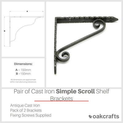 Oakcrafts - Pair of Antique Cast Iron Simple Scroll Shelf Brackets  - 150mm x 150mm - 4