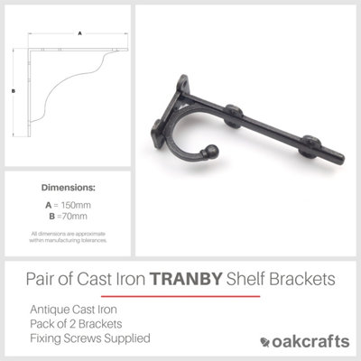 Oakcrafts - Pair of Antique Cast Iron TRANBY Shelf Brackets With Hook - 150mm