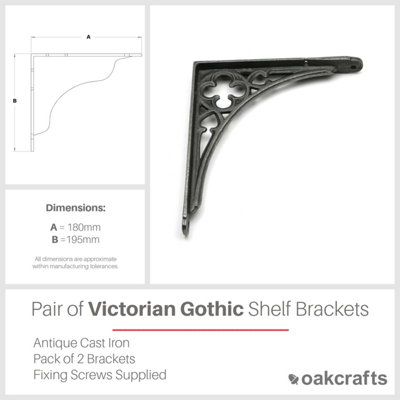Oakcrafts - Pair of Antique Cast Iron Victorian Gothic Shelf Brackets - 180mm x 195mm - 3