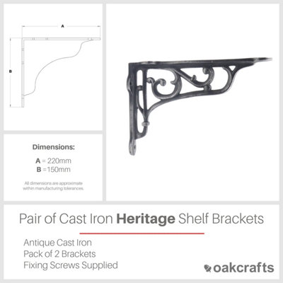 Oakcrafts - Pair of Antique Cast Iron Victorian Style Heritage Shelf Brackets - 220mm x 150mm