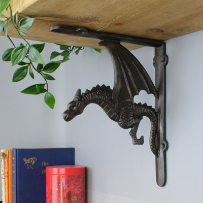 Oakcrafts - Pair of Antique Cast Iron Winged Dragon Shelf Brackets - 180mm x 210mm