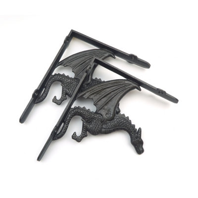 Oakcrafts - Pair of Antique Cast Iron Winged Dragon Shelf Brackets - 180mm x 210mm - 5