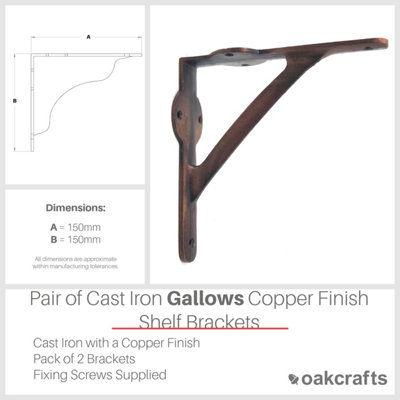 Oakcrafts -Pair of Cast Iron Gallows Shelf Brackets with a Copper Finish - 150mm x 150mm - 4