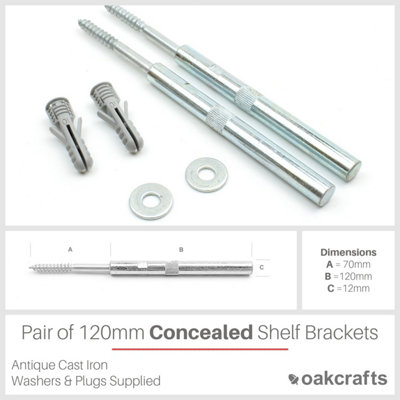 Oakcrafts - Pair of Concealed Floating Shelf Brackets/Supports - 120mm