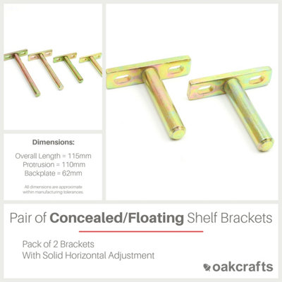 Oakcrafts - Pair of Concealed Floating Shelf Supports with Solid Horizontal Adjustment - 115mm