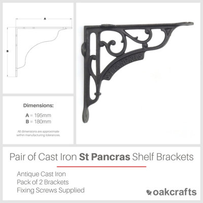 Oakcrafts - Pair of St Pancras Victorian Style Shelf Brackets Antique Cast Iron 195mm x 170mm / 7" x 7.75" - 3