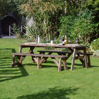 Oakham 8ft Rounded Picnic Table and Bench Set - L244 x W91 x H72 cm - Rustic Brown