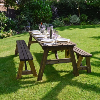 Oakham 8ft Rounded Picnic Table and Bench Set - L244 x W91 x H72 cm - Rustic Brown