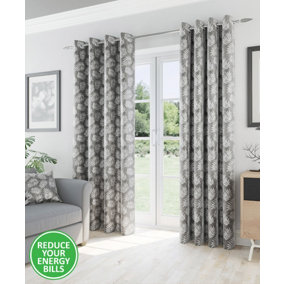 Oakland Grey Leaf Pattern, Thermal, Room Darkening Pair of Curtains with Eyelet Top - 46 x 54 inch (117x137cm)