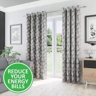 Oakland Grey Leaf Pattern, Thermal, Room Darkening Pair of Curtains with Eyelet Top - 66 x 72 inch (168x183cm)