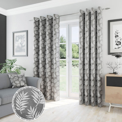 Oakland Grey Leaf Pattern, Thermal, Room Darkening Pair of Curtains with Eyelet Top - 66 x 72 inch (168x183cm)