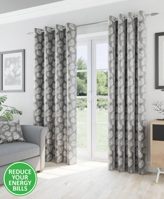 Oakland Grey Leaf Pattern, Thermal, Room Darkening Pair of Curtains with Eyelet Top - 66 x 90 inch (168x229cm)