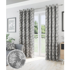 Oakland Grey Leaf Pattern, Thermal, Room Darkening Pair of Curtains with Eyelet Top - 90 x 72 inch (229x183cm)