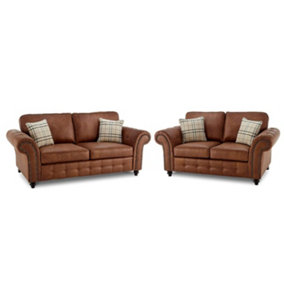 Oakland Suede Leather 3&2 Seater Sofa Set Tan Brown
