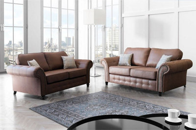 Oakland Suede Leather 3&2 Seater Sofa Set Tan Brown