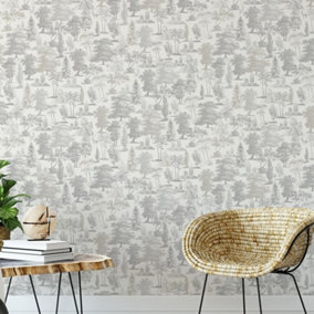 Oakley Woodland Taupe Trees Forest Countryside Animals Stag Feature Wallpaper