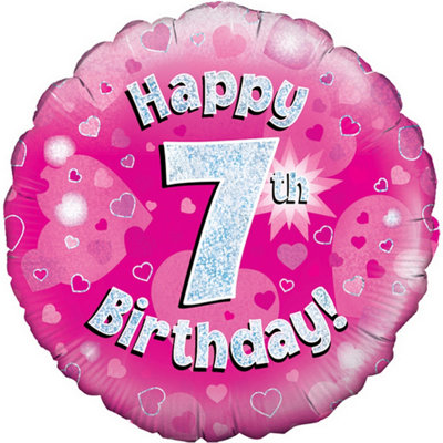 Oaktree 18 Inch Happy 7th Birthday Pink Holographic Balloon Pink/Silver ...