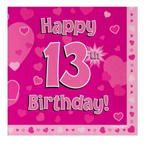 Oaktree Hearts 13th Birthday Napkins (Pack of 16) Pink (One Size)