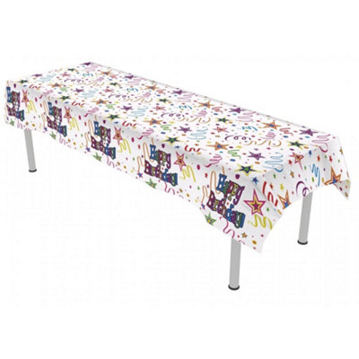 Oaktree Ribbons And Stars Plastic Happy Birthday Party Table Cover White/Multicoloured (One Size)