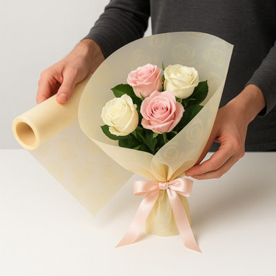 Oasis Abundance of Pink Cream Roses Cellophane Wrap (25m Roll, 80cm ...