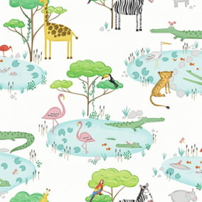Oasis Friends Childrens Wallpaper in White and Multicoloured