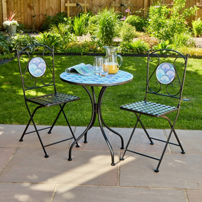 Ocean Blue Shell Mosaic Outdoor Garden Bistro Patio Table and Chairs Set