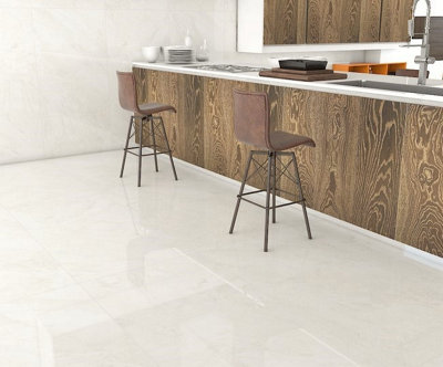 Ocean Cream Polished Marble Effect 600mm x 600mm Porcelain Wall & Floor Tiles (Pack of 4 w/ Coverage of 1.44m2)