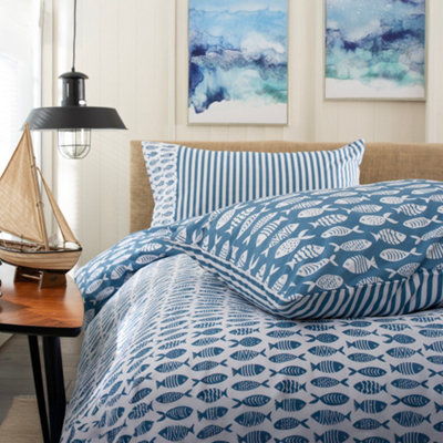 Ocean Fish 100% Cotton Duvet Cover Set, Nautical Bedding with Matching Printed Fabric Bag, Soft & Breathable