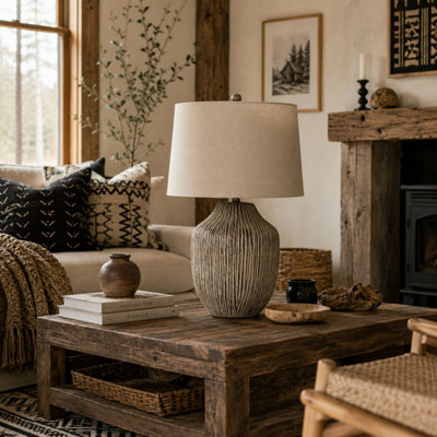 Ochre Carved Textured Table Lamp with Linen Shade