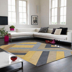 Ochre Grey Handmade Luxurious Modern Wool Easy To Clean Soft Bedroom Dining Room Living Room Rug -120cm X 170cm