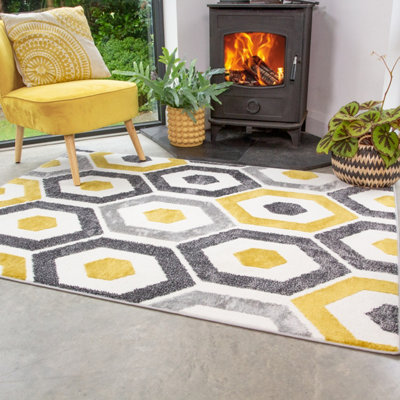 Ochre Grey Super Soft Diamond Geometric Area Rug 190x280cm