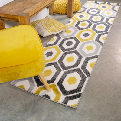 Ochre Grey Super Soft Diamond Geometric Runner Rug 60x240cm